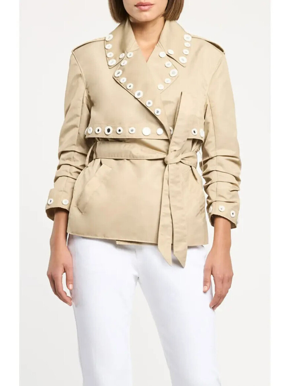 NEW, Cinq a Sept Crochet Mirrors Short Yates Trench in Khaki Ivory Sz XS #SJ2510 - Picture 1 of 10